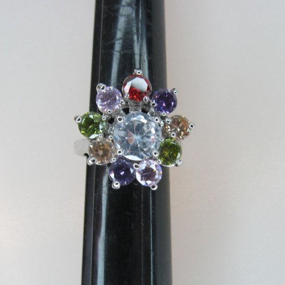 Multi Color Crystal Rainbow Flower Cocktail Ring - Picture 8 of 11